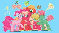 Size: 1797x1028 | Tagged: safe, artist:ruganiacross, derpibooru import, big macintosh, pinkie pie, oc, oc:cherry apple, oc:party shout, oc:rocky pie, earth pony, pony, g4, blue background, colt, eye clipping through hair, eyebrows, eyebrows visible through hair, family, female, filly, foal, freckles, group hug, hug, male, mare, offspring, parent:big macintosh, parent:pinkie pie, parents:pinkiemac, pinkiemac, shipping, simple background, stallion, straight, unshorn fetlocks