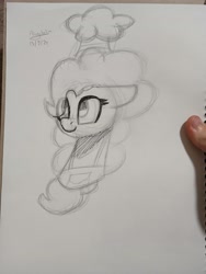 Size: 3060x4080 | Tagged: safe, artist:psychotix, derpibooru import, pinkie pie, pony, g4, apron, bust, chef's hat, clothes, ears, female, floppy ears, hat, monochrome, pencil drawing, sketch, sketchbook, smiling, solo, traditional art