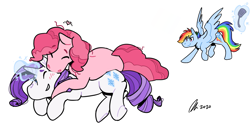 Size: 1499x770 | Tagged: safe, artist:rwl, derpibooru import, pinkie pie, rainbow dash, rarity, earth pony, pegasus, pony, unicorn, g4, cuddling, eyes closed, female, horn, imminent spanking, lesbian, levitation, magic, mare, pinkiedash, raridash, raridashpie, raripie, shipping, simple background, sneaking, spatula, telekinesis, trio, trio female, white background