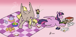 Size: 1997x987 | Tagged: safe, artist:rwl, derpibooru import, derpy hooves, twilight sparkle, twilight sparkle (alicorn), alicorn, pegasus, pony, g4, banana, book, duo, duo female, eraser, female, flower, food, gradient background, kettle, lesbian, mare, muffin, pencil, picnic blanket, plate, pushing, sandwich, ship:twerpy, shipping, teapot