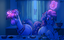 Size: 2000x1252 | Tagged: safe, artist:rwl, derpibooru import, pinkie pie, twilight sparkle, unicorn twilight, earth pony, pony, unicorn, g4, baking, bowl, dark, duo, duo female, egg, egg beater, female, glowing, glowing horn, horn, kitchen, lesbian, levitation, magic, mare, neckerchief, older, older twilight, shipping, smiling, telekinesis, twinkie