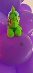 Size: 1834x4096 | Tagged: safe, derpibooru import, photographer:joeydr, oc, oc:green byte, pony, unicorn, balloon, horn, irl, male, orchid balloon, photo, photography, plushie, purple balloon, stallion