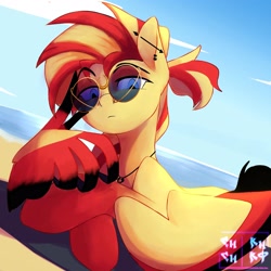 Size: 2560x2560 | Tagged: safe, artist:zaka, derpibooru import, oc, oc only, pegasus, pony, beach, cloud, commission, glasses, jewelry, not sunset shimmer, ocean, pegasus oc, pendant, piercing, solo, water