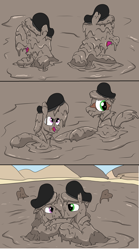 Size: 2000x3592 | Tagged: safe, artist:amateur-draw, derpibooru import, oc, oc only, oc:belle boue, oc:oak wood, earth pony, unicorn, 3 panel comic, boots, clothes, comic, couple, covered in mud, gay, hat, heart, horn, jacket, kissing, leather, leather boots, leather hat, leather jacket, leather vest, looking at each other, looking at someone, making out, male, mud, mud bath, mud pony, muddy, romance, romantic, shipping, shoes, stallion, vest, wet and messy