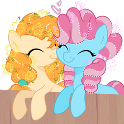 Size: 1741x1741 | Tagged: safe, artist:yunixuedingcha, derpibooru import, cup cake, pear butter, earth pony, pony, g4, chiffon swirl, duo, duo female, eyes closed, female, fence, heart, mare, nuzzling, show accurate, simple background, smiling, transparent background, younger