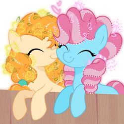 Size: 1741x1741 | Tagged: safe, alternate version, artist:yunixuedingcha, derpibooru import, cup cake, pear butter, earth pony, pony, g4, chiffon swirl, color outline, duo, duo female, eyes closed, female, fence, heart, mare, nuzzling, show accurate, simple background, smiling, transparent background, younger