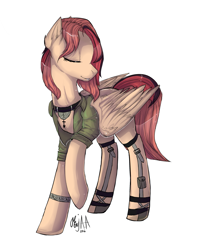 Size: 2207x2779 | Tagged: safe, alternate version, artist:enjaadjital, derpibooru import, oc, oc only, pegasus, pony, 2016, belts, bracelet, choker, clothes, ear fluff, ears, eyes closed, female, folded wings, high res, jewelry, mare, pegasus oc, raised hoof, raised leg, shirt, signature, simple background, smiling, solo, white background, wings