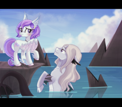 Size: 2854x2500 | Tagged: safe, artist:spookyle, derpibooru import, oc, oc only, oc:dreamy skies, oc:jellan, hippogriff, hybrid, merpony, pegasus, seapony (g4), dorsal fin, ears, female, fin, fins, floppy ears, hybrid oc, looking at each other, looking at someone, ocean, scales, smiling, smiling at each other, swimming, water