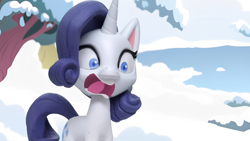 Size: 1920x1080 | Tagged: safe, derpibooru import, edit, edited screencap, screencap, rarity, pony, unicorn, g4, g4.5, my little pony: stop motion short, snow pony contest (short), cute, funny, horn, ice, lake, screaming, snow, solo, tree, water, winter