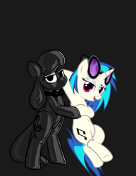 Size: 2550x3300 | Tagged: safe, artist:latexia, artist:mrlolcats17, derpibooru import, edit, editor:anonymous, dj pon-3, octavia melody, vinyl scratch, earth pony, pony, unicorn, g4, /mlp/ latex requests, bedroom eyes, belly, belly button, bipedal, bondage, bow, bowtie, clothes, dark, encasement, female, gray background, hood, hoof hold, horn, latex, latex suit, leaning, mare, open mouth, png, seams, shitposting, simple background, sunglasses, vector