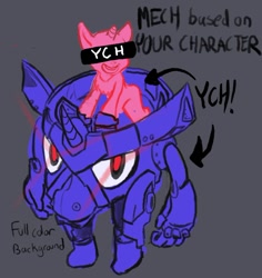 Size: 600x635 | Tagged: safe, artist:guiltstar, derpibooru import, pony, unicorn, advertisement, any gender, any race, chest fluff, commission, gray background, horn, mecha, open mouth, open smile, simple background, smiling, ych sketch, your character here