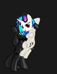 Size: 2550x3300 | Tagged: safe, artist:latexia, artist:mrlolcats17, derpibooru import, edit, editor:anonymous, dj pon-3, octavia melody, vinyl scratch, earth pony, pony, unicorn, g4, /mlp/ latex requests, armpits, bedroom eyes, belly, belly button, bipedal, bondage, bow, bowtie, clothes, dark, encasement, female, gray background, holding a pony, hood, hoof hold, horn, latex, latex suit, leaning, mare, mask, masking, no tail, open mouth, png, seams, shitposting, simple background, sunglasses, vector