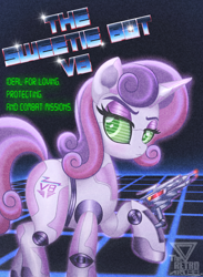 Size: 2200x3000 | Tagged: safe, artist:theretroart88, derpibooru import, sweetie belle, sweetie bot, pony, robot, robot pony, unicorn, g4, female, horn, laser pistol, solo, text, weapon