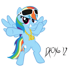 Size: 1600x1608 | Tagged: safe, artist:darkfire036, derpibooru import, rainbow dash, pegasus, pony, g4, 2012, bipedal, female, jewelry, mare, necklace, simple background, smiling, smirk, solo, sunglasses, transparent background, vector