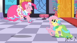 Size: 1600x900 | Tagged: safe, artist:darkfire036, derpibooru import, fluttershy, pinkie pie, earth pony, pegasus, pony, g4, ^^, alternate hairstyle, carpet, checkered floor, clothes, dress, duo, duo female, eyes closed, female, gala dress, gown, grand galloping gala, mare, pinkie pie's first gala dress, red carpet