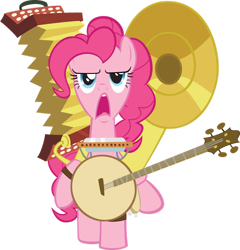 Size: 1600x1666 | Tagged: safe, artist:brycehebert, derpibooru import, pinkie pie, earth pony, pony, g4, accordion, banjo, female, harmonica, mare, musical instrument, one pony band, one-pony band, simple background, solo, sousaphone, transparent background, vector