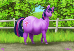 Size: 1200x840 | Tagged: safe, artist:soobel, derpibooru import, twilight sparkle, unicorn twilight, pony, unicorn, g4, fat, female, fence, horn, obese, solo, twilard sparkle