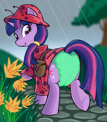 Size: 1795x2052 | Tagged: safe, artist:onc3l3rphobix, derpibooru import, twilight sparkle, insect, ladybug, pony, g4, bag, diaper, diaper fetish, fetish, flower, hat, rain, raincoat, saddle bag, solo, tree