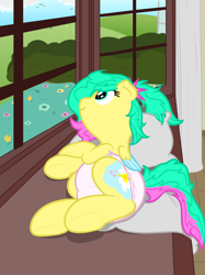 Size: 1494x2000 | Tagged: safe, artist:nitei, derpibooru import, oc, oc only, oc:onc, oc:onzy, pegasus, pony, diaper, diaper fetish, fetish, flower, lying down, non-baby in diaper, prone, solo, window