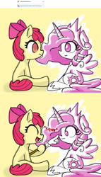 Size: 1280x2240 | Tagged: safe, artist:arielsbx, derpibooru import, apple bloom, princess celestia, pony, g4, ask little applebloom, ask princess moe-lestia, boop, cewestia, duo, duo female, female, filly, foal, younger