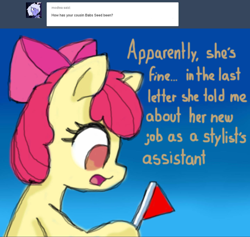 Size: 1280x1214 | Tagged: safe, artist:arielsbx, derpibooru import, apple bloom, pony, g4, ask, ask little applebloom, dialogue, flag, solo, speech bubble, text