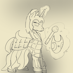 Size: 2000x2000 | Tagged: safe, artist:rapt, derpibooru import, oc, oc only, unicorn, armor, beige background, cleric, horn, lineart, mace, shield, simple background, sketch, solo, weapon