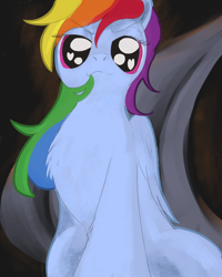 Size: 2000x2500 | Tagged: safe, artist:rapt, derpibooru import, rainbow dash, pegasus, pony, g4, abstract background, chest fluff, female, hair in mouth, heart, heart eyes, looking at you, mare, offscreen character, pov, sitting, solo, wingding eyes