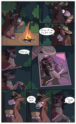 Size: 1714x2798 | Tagged: safe, artist:php191, derpibooru import, king sombra, trouble shoes, fanfic:catch us if you can, g4, bowl, campfire, comic, crown, dialogue, duo, duo male, fanfic, fanfic art, fire, food, forest, forest background, gay, gulp, hat, jewelry, male, nature, onomatopoeia, regalia, selfie, shipping, soup, speech bubble, stallion, text, tree