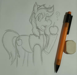 Size: 1280x1251 | Tagged: safe, artist:dingopatagonico, derpibooru import, braeburn, earth pony, pony, g4, apple, food, male, solo, stallion, traditional art