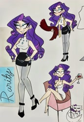 Size: 2255x3280 | Tagged: safe, artist:citi, derpibooru import, opalescence, rarity, human, g4, alcohol, chair, clothes, duo, glass, high heels, humanized, negligee, pantyhose, pencil skirt, shoes, skirt, traditional art, wine, wine glass