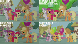 Size: 2000x1125 | Tagged: safe, derpibooru import, edit, edited screencap, editor:quoterific, screencap, apple bloom, applejack, scootaloo, sweetie belle, earth pony, pegasus, pony, unicorn, g4, one bad apple, season 3, balloon, bipedal, cutie mark crusaders, female, filly, foal, horn, mare, ponyville, regret