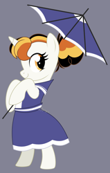 Size: 2094x3300 | Tagged: safe, artist:feather_bloom, derpibooru import, oc, oc only, oc:candy corn, pony, unicorn, clothes, commission, dress, gray background, horn, poofy mane, side view, simple background, solo, umbrella