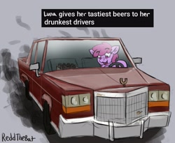 Size: 1792x1469 | Tagged: safe, artist:reddthebat, derpibooru import, berry punch, berryshine, earth pony, pony, g4, beer bottle, bottle, cadillac, car, driving, drunk, drunk driving, eyebrows, eyebrows visible through hair, female, gray background, mare, open mouth, open smile, signature, simple background, smiling, solo, text, this will end in jail time