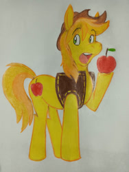 Size: 828x1104 | Tagged: safe, artist:dingopatagonico, derpibooru import, braeburn, earth pony, pony, g4, apple, food, solo, traditional art