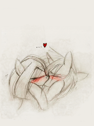 Size: 600x804 | Tagged: safe, artist:foxinshadow, derpibooru import, oc, oc only, oc:coffee bean, unicorn, blushing, duo, duo female, eyes closed, female, heart, horn, kissing, lesbian, oc name needed, sketch, unicorn oc