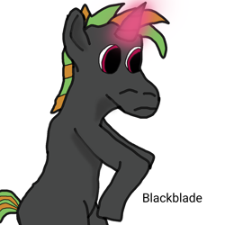 Size: 1280x1280 | Tagged: safe, artist:blackblade360, derpibooru import, oc, oc only, oc:ashes rust, pony, unicorn, 1000 hours in ms paint, anatomically incorrect, black coat, digital art, glowing, glowing horn, horn, ibispaint x, magenta eyes, male, missing cutie mark, rearing, shading, signature, simple background, solo, stallion, stallion oc, tail, two toned mane, two toned tail, unicorn oc, white background