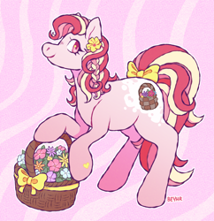 Size: 1128x1167 | Tagged: safe, artist:beyhr, derpibooru import, oc, oc only, oc:sweetflower, earth pony, pony, abstract background, artfight, basket, bouquet, bow, braid, coat markings, earth pony oc, eyelashes, female, flower, flower basket, flower on ear, gift art, heart, heart mark, hibiscus, long mane, long tail, looking back, mare, mare oc, multicolored mane, multicolored tail, outline, pink coat, pink eyes, pink mane, pink tail, ponysona, profile, raised hooves, rearing, signature, smiling, solo, tail, tail bow, three toned mane, three toned tail, tied mane, two toned background, wavy mane, wavy tail, yellow bow