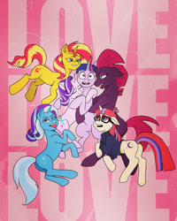 Size: 827x1035 | Tagged: safe, artist:elmafaka, derpibooru import, fizzlepop berrytwist, moondancer, sunset shimmer, tempest shadow, trixie, twilight sparkle, twilight sparkle (alicorn), alicorn, pony, unicorn, fanfic:twilight sparkle has a type, g4, broken horn, female, harem, herd, horn, lesbian, lesbian harem, magical sextet, mare, polyamory, reformed evil unicorns, reformed villain, shipping, sunsetsparkle, tempestlight, twidancer, twilight sparkle gets all the mares, twilight's harem, twixie