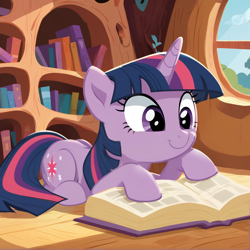 Size: 1128x1128 | Tagged: safe, ai content, derpibooru import, generator:stable diffusion, machine learning generated, twilight sparkle, unicorn twilight, pony, unicorn, g4, book, bookshelf, cute, female, generator:bluefox mix, golden oaks library, happy, horn, indoors, lying down, mare, prompter:adorablebluefox, reading, smiling, solo, twiabetes, window