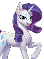 Size: 1870x2519 | Tagged: safe, artist:sierraex, derpibooru import, rarity, pony, unicorn, g4, female, high res, horn, mare, open mouth, open smile, raised hoof, raised leg, simple background, smiling, solo, white background