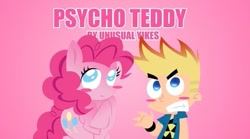 Size: 479x267 | Tagged: safe, artist:unusualyikes, derpibooru import, pinkie pie, earth pony, human, pony, g4, blush sticker, blushing, crossover, cute, diapinkes, duo, duo male and female, female, grimdark source, grotesque source, johnny test, johnny test (character), lowres, male, needs more jpeg, text, things are not like what they seem, this will end in death, this will end in pain, youtube thumbnail