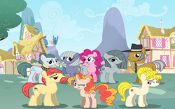 Size: 900x563 | Tagged: safe, derpibooru import, igneous rock pie, limestone pie, marble pie, pinkie pie, oc, oc:pizza pie, earth pony, pony, unicorn, fanfic:full friendship's magic, g4, family, horn, pie family, pizza pie