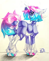 Size: 823x1024 | Tagged: safe, artist:tlen borowski, derpibooru import, oc, oc only, oc:astral blues, pony, unicorn, blue eyes, butt, clothes, ear fluff, ears, gradient mane, hoof fluff, hooves, horn, looking at you, looking back, solo, tail, traditional art