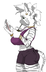 Size: 524x812 | Tagged: safe, artist:gromdrawing, derpibooru import, zecora, anthro, zebra, g4, belly, belly button, breasts, cellphone, clothes, drink, drinking, ear piercing, earring, female, jewelry, mare, midriff, phone, piercing, simple background, skirt, smartphone, solo, sports bra, white background, ze-bra buster