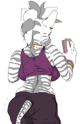 Size: 560x849 | Tagged: safe, artist:gromdrawing, derpibooru import, zecora, anthro, zebra, g4, ass, breasts, butt, cellphone, clothes, female, mare, phone, rear view, rearboob, shorts, simple background, smartphone, solo, sports bra, tail, tail hole, white background, ze-bra buster, zecorass