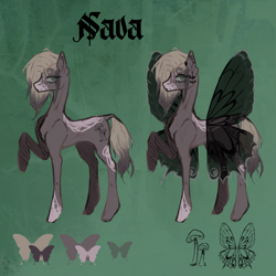 Size: 2048x2048 | Tagged: safe, artist:death.alicorn, derpibooru import, oc, oc only, oc:nava, breezie, earth pony, hybrid, insect, moth, pony, concave belly, dark, green background, simple background, skinny, solo, thin