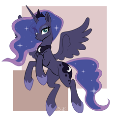 Size: 2037x2180 | Tagged: safe, artist:sunbusting, derpibooru import, princess luna, alicorn, pony, g4, abstract background, crown, eye clipping through hair, female, flying, frown, high res, hoof shoes, jewelry, lidded eyes, looking at you, mare, passepartout, peytral, regalia, signature, solo, spread wings, thighs, thunder thighs, wings