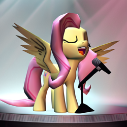 Size: 1024x1024 | Tagged: safe, ai content, derpibooru import, generator:pony diffusion v6 xl, generator:stable diffusion, machine learning generated, fluttershy, pegasus, pony, g4, 3d, backlighting, eyes closed, low poly, microphone, microphone stand, open mouth, prompter:foxpony, simple background, singing, solo, spotlight, spread wings, stage, wings