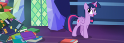 Size: 3120x1080 | Tagged: safe, derpibooru import, edit, edited screencap, screencap, twilight sparkle, twilight sparkle (alicorn), alicorn, pony, a health of information, g4, book, composite screencap, library, pile of books, twilight's castle