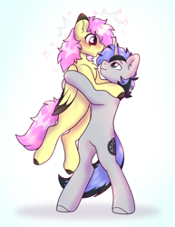 Size: 2424x3136 | Tagged: safe, artist:mariashek, derpibooru import, oc, pegasus, pony, unicorn, bipedal, blushing, duo, female, holding a pony, horn, love, lovers, male, mare, pleasant surprise, stallion, unshorn fetlocks, yellow pony